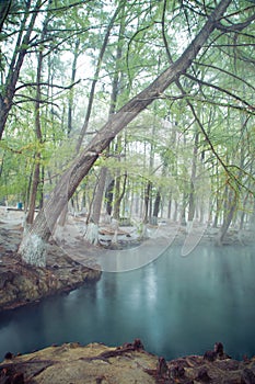 Thermal lagoon under deep sky , Blurred photo of morning fog over a lake in cold autumn weather in half moon san luis potosi