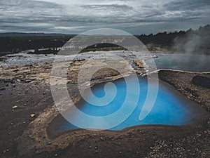 Thermal lake Blesi and Strokkur Geysir, Golden circle route