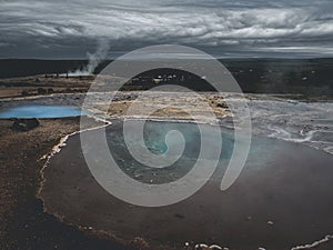 Thermal lake Blesi and Strokkur Geysir, Golden circle route