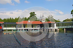 Thermal lake and pavilions on piles. Heviz, Hungary