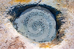 Thermal mud pit in Bumpass Hell, Lassen Volcanic park, California.