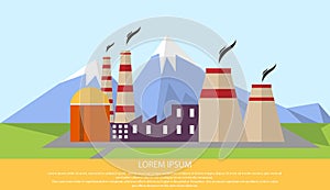 Thermal, nuclear or coal power plant on the background of mountains. Flat style