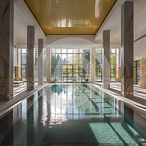 Thermal pools in the SPA interior with ceiling lighting, thermal water supports the healing process and strengthens the immune