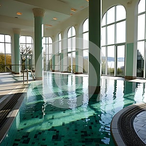 Thermal pools in the SPA interior with ceiling lighting, thermal water supports the healing process and strengthens the immune