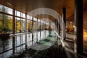 Thermal pools in the SPA interior with ceiling lighting, thermal water supports the healing process and strengthens the immune