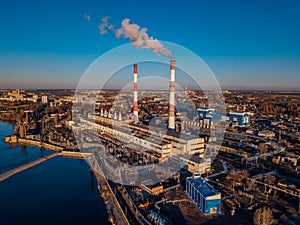 Thermal power plant. Aerial view from drone of large industrial area