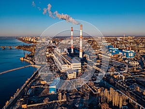 Thermal power plant. Aerial view from drone of large industrial area