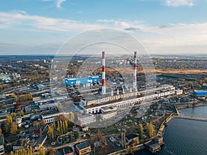 Thermal power plant. Aerial view from drone of large industrial area