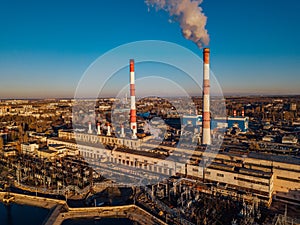 Thermal power plant. Aerial view from drone of large industrial area