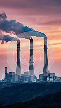 Thermal power plant chimney emitting smoke, environment pollution