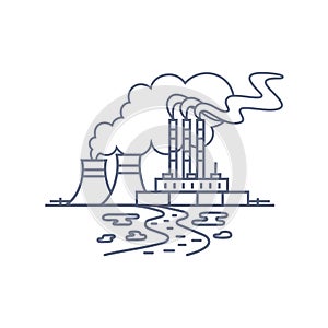 Thermal power plant line icon. Thermoelectric power station with smoke from chimneys and traces of soil and water