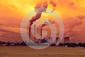 Thermal power plant, sunset sky
