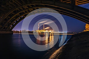 Thermal power plant under Vogres Bridge panorama over Voronezh river