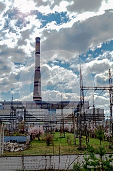 Thermal power station, industrial landscape with big chimneys.