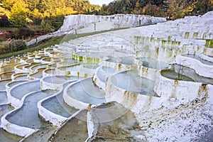 Thermal water in Egerszalok. The limestone hill. Mineral natural terraced basins