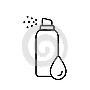 Thermal water. Linear aerosol spray can with drop. Black illustration of cosmetic, facial skin care. Contour isolated vector icon