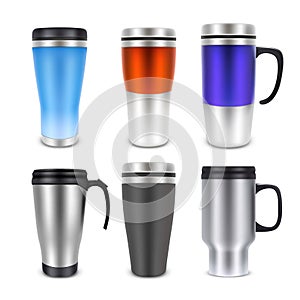 Thermo cup travel mug mock-up set, vector realistic illustration