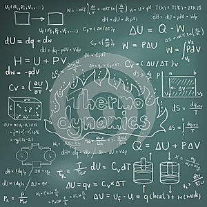 Thermodynamics law theory and physics mathematical formula equation, doodle handwriting icon in blackboard background with