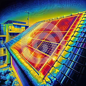 Thermogram Roof: Solar Panel Heat Variations, generative ai photo