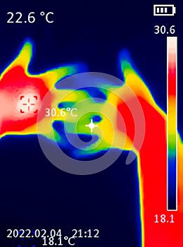 A thermographic image of a hand with a human heart, showing different temperatures in different colors, from blue indicating