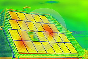 Thermographic inspection of photovoltaic systems by house.Thermovision image of solar panels. Infrared thermovision image. Infrare