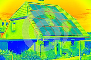 Thermographic inspection of photovoltaic systems by house.Thermovision image of solar panels. Infrared thermovision image. Infrare