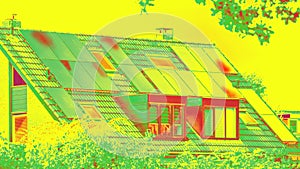 Thermographic inspection of photovoltaic systems on a roof by the house.