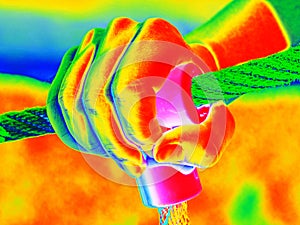 Thermographic palm scan. Hand of hold rope