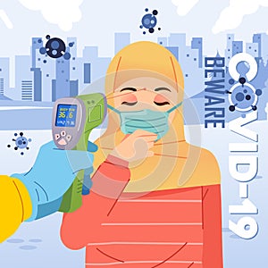 Thermogun body temperature checks to hijab women who wearing mask and cough vetor illustration