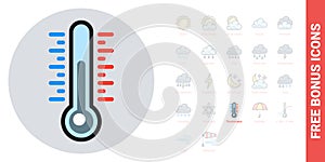 Thermometer or air temperature icon for weather forecast application or widget. Simple color version. Free bonus icons
