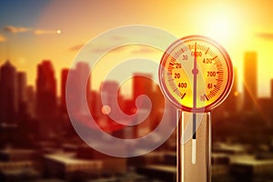 Thermometer on the background of the city and the sun, Thermometer with high temperature on the city with glowing sun background,