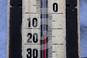 The thermometer bar shows fifteen degrees below zero on the Celsius scale. Cold frosty weather. Low temperature