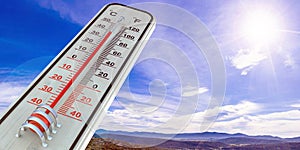 Thermometer on blue sky background, temperature forty degrees Celcius. 3d illustration