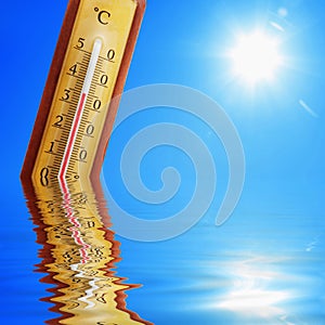 Thermometer with celsius scale showing extreme high temperature