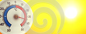 Thermometer with celsius scale showing extreme high temperature