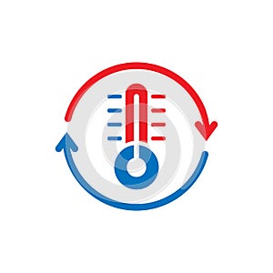 Thermometer climate control icon in flat style. Meteorology balance vector illustration on white isolated background. Hot, cold