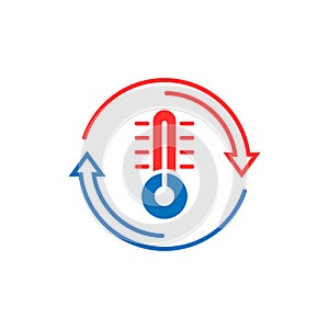 Thermometer climate control icon in flat style. Meteorology balance vector illustration on white isolated background. Hot, cold