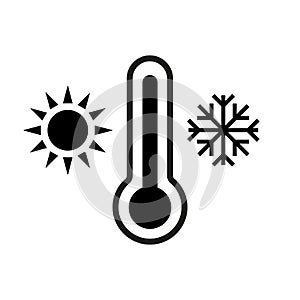 Thermometer with cold and hot symbols. Sun and snowflake icon, Isolated vector illustration