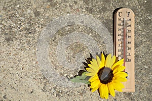 Thermometer on concrete background showing high temperature