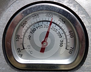 A thermometer in fahrenheit and celcius degrees