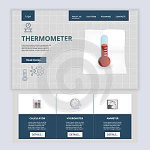 Thermometer flat landing page website template. Calculator, hygrometer, ammeter. Web banner with header, content and