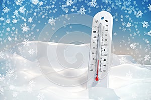 Thermometer in the frost in a snowdrift. Wallpaper.