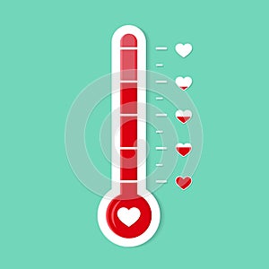 Thermometer gauge lobe of heart. Romantic goal icon. Heat level of love. Temperature scale for card. Degree of progress heart.