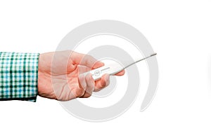 Thermometer in hand on white isolated background