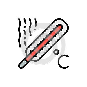 Thermometer, high temperature, fever flat color line icon.