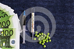 Thermometer , high temperature, tablets and syringe,