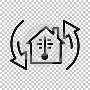 Thermometer home icon in flat style. House climate control vector illustration on white isolated background. Hot, cold temperature