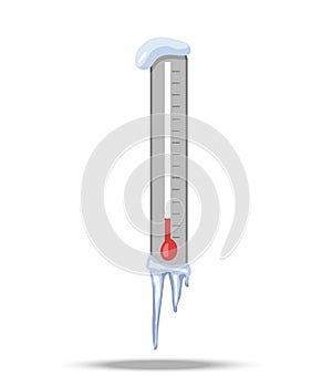 Thermometer with icicles and snow cap. Very cold weather in winter, danger of frostbite. Frozen thermometer showing low