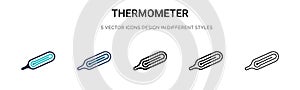 Thermometer icon in filled, thin line, outline and stroke style. Vector illustration of two colored and black thermometer vector