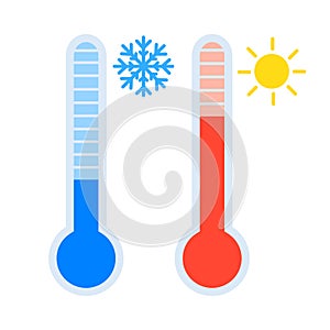 Thermometer icon set measuring heat and cold temperature, with sun and snowflake symbol, simple flat design vector eps10